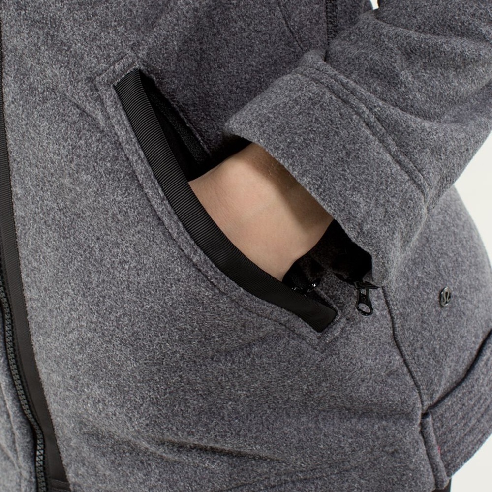 LULULEMON Moto Jacket Ambient Grey Black Fleece Zip Up Asymmetrical Biker Coat 4 - Picture 9 of 12